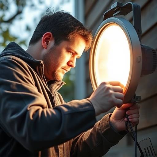 Technicien effectuant la maintenance d'un luminaire extérieur, en vérifiant le câblage et en nettoyant la surface de la lentille.